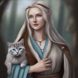 This high-quality digital art piece features a tall Half-elf Druid with wavy gray-blond hair and soft blue eyes