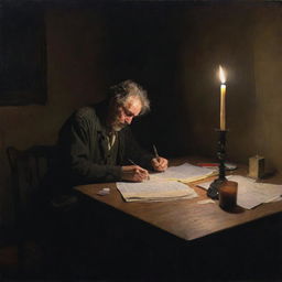 A painting of a weary artist, fully absorbed in writing a poem in a dark room, lit only by the glow of a solitary candle. The table is chaotic, strewn with paper and writing materials.