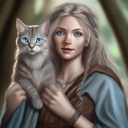 This high-quality digital art piece features a tall Half-elf Druid with wavy gray-blond hair and soft blue eyes