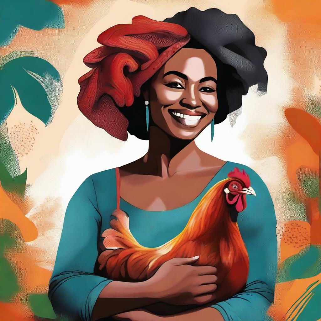 Create a high-quality digital art image featuring a black woman gently holding a rooster