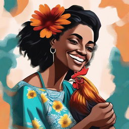 Create a high-quality digital art image featuring a black woman gently holding a rooster