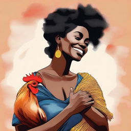 Create a high-quality digital art image featuring a black woman gently holding a rooster