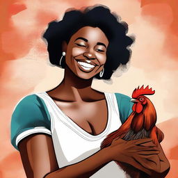 Create a high-quality digital art image featuring a black woman gently holding a rooster