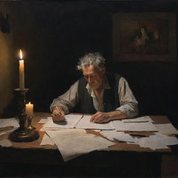A painting of a weary artist, fully absorbed in writing a poem in a dark room, lit only by the glow of a solitary candle. The table is chaotic, strewn with paper and writing materials.