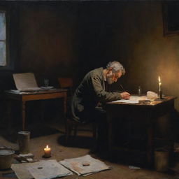 A painting of a weary artist, fully absorbed in writing a poem in a dark room, lit only by the glow of a solitary candle. The table is chaotic, strewn with paper and writing materials.