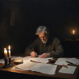 A painting of a weary artist, fully absorbed in writing a poem in a dark room, lit only by the glow of a solitary candle. The table is chaotic, strewn with paper and writing materials.