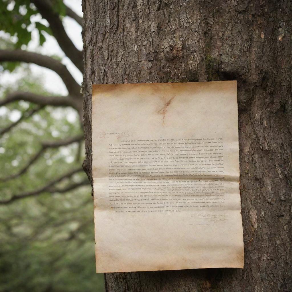 A beautifully aged parchment letter nestled within the branches of a majestic towering tree