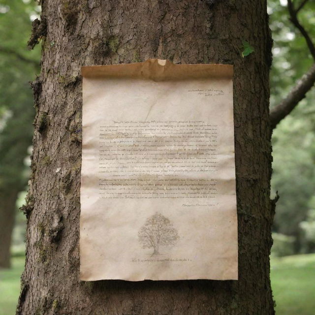 A beautifully aged parchment letter nestled within the branches of a majestic towering tree