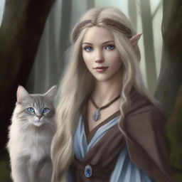 A premium quality digital art piece presents a tall Half-elf Druid with wavy gray-blond hair and soft blue eyes