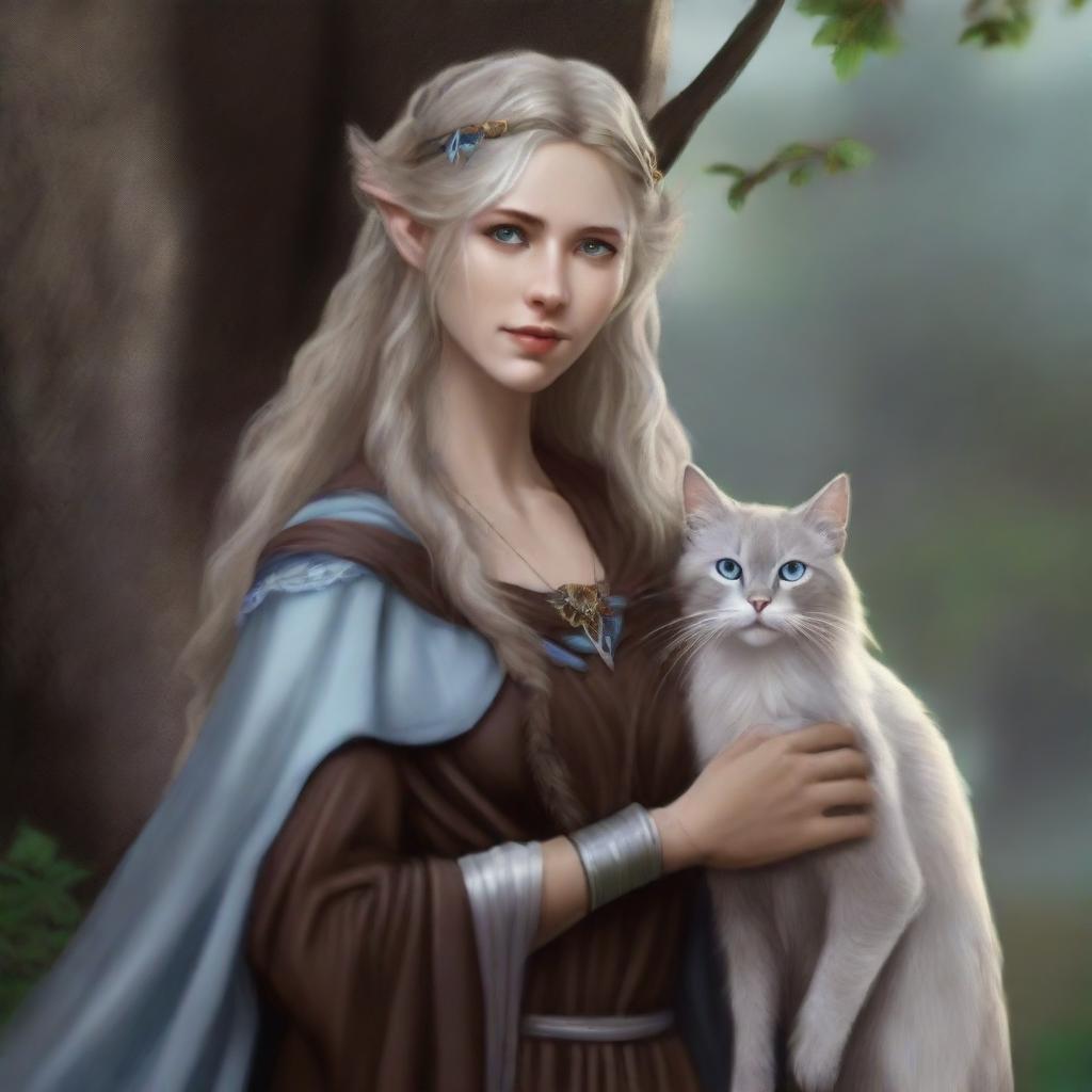 A premium quality digital art piece presents a tall Half-elf Druid with wavy gray-blond hair and soft blue eyes