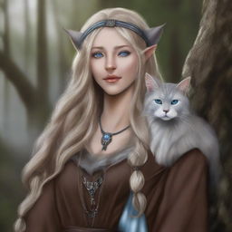 A premium quality digital art piece presents a tall Half-elf Druid with wavy gray-blond hair and soft blue eyes