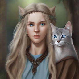 A premium quality digital art piece presents a tall Half-elf Druid with wavy gray-blond hair and soft blue eyes