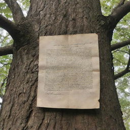 A beautifully aged parchment letter nestled within the branches of a majestic towering tree