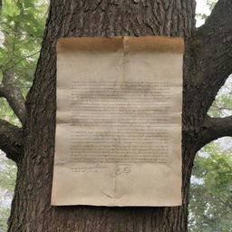 A beautifully aged parchment letter nestled within the branches of a majestic towering tree