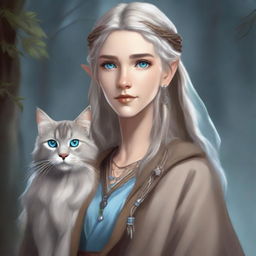 A high-quality digital art piece depicts a tall Half-elf Druid with gray-blond wavy hair and soft blue eyes