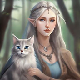 A high-quality digital art piece depicts a tall Half-elf Druid with gray-blond wavy hair and soft blue eyes