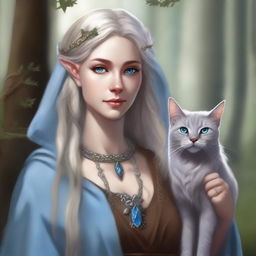 A high-quality digital art piece depicts a tall Half-elf Druid with gray-blond wavy hair and soft blue eyes