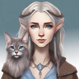 A high-quality digital art piece depicts a tall Half-elf Druid with gray-blond wavy hair and soft blue eyes