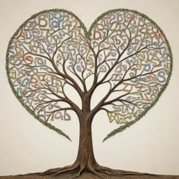 An artistic representation of the alphabet, integrated intricately into a graphic tree with branches forming a heart shape