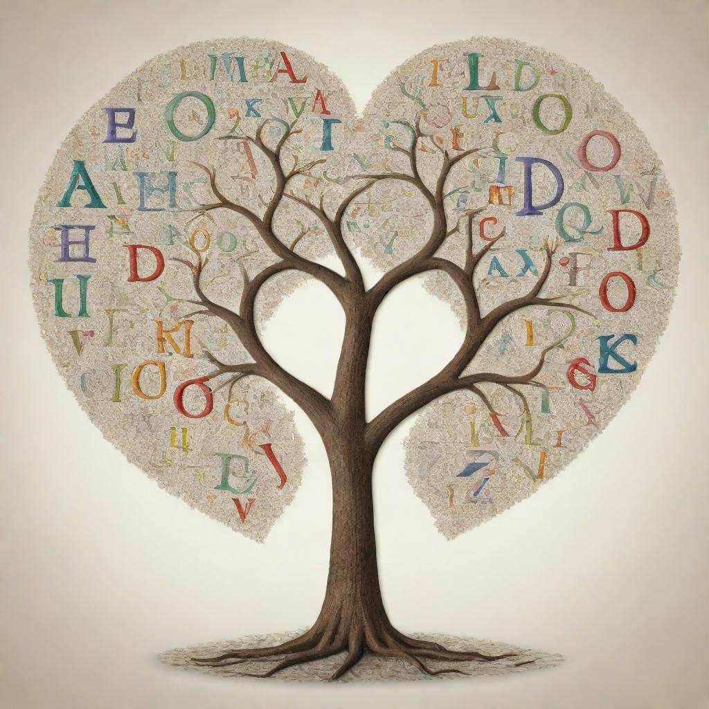 An artistic representation of the alphabet, integrated intricately into a graphic tree with branches forming a heart shape