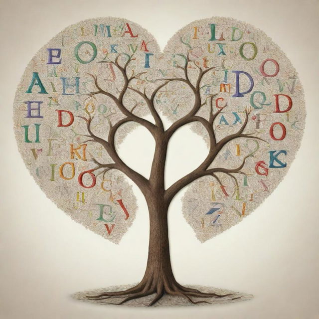 An artistic representation of the alphabet, integrated intricately into a graphic tree with branches forming a heart shape