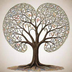 An artistic representation of the alphabet, integrated intricately into a graphic tree with branches forming a heart shape