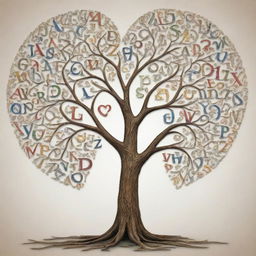 An artistic representation of the alphabet, integrated intricately into a graphic tree with branches forming a heart shape