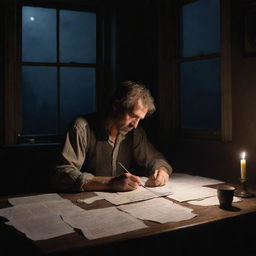 Late-night painting of a weary poet, immersed in his poem in a dark room lit only by a candle, with a table scattered with papers under moonlight filtering through a window.