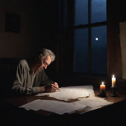 Late-night painting of a weary poet, immersed in his poem in a dark room lit only by a candle, with a table scattered with papers under moonlight filtering through a window.