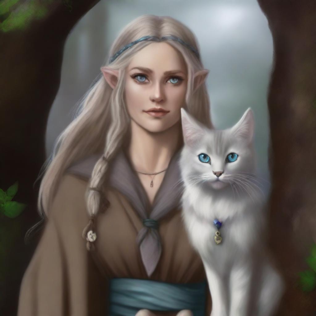 A high-quality digital art piece showcases a tall Half-elf Druid with wavy gray-blond hair and soft blue eyes