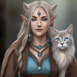 A high-quality digital art piece showcases a tall Half-elf Druid with wavy gray-blond hair and soft blue eyes