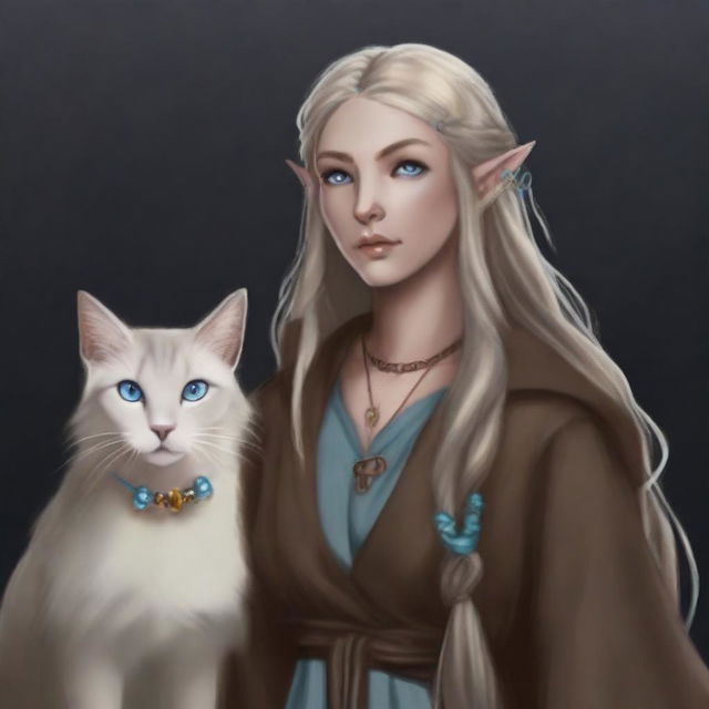 A high-quality digital art piece showcases a tall Half-elf Druid with wavy gray-blond hair and soft blue eyes