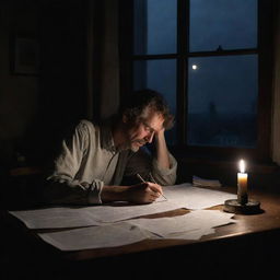 Late-night painting of a weary poet, immersed in his poem in a dark room lit only by a candle, with a table scattered with papers under moonlight filtering through a window.