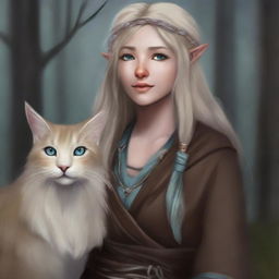 A high-quality digital art piece showcases a tall Half-elf Druid with wavy gray-blond hair and soft blue eyes