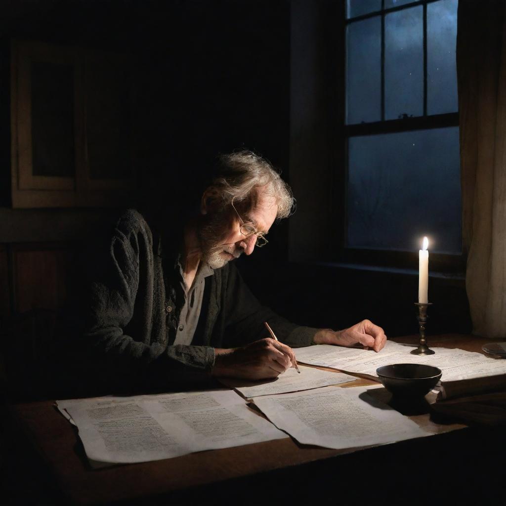 Late-night painting of a weary poet, immersed in his poem in a dark room lit only by a candle, with a table scattered with papers under moonlight filtering through a window.