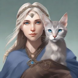 A high-resolution digital art image portrays a tall Half-elf Druid with wavy gray-blond hair and soft blue eyes