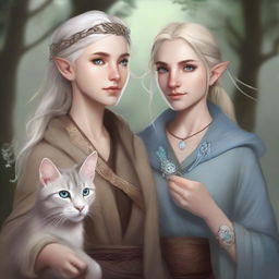 A high-resolution digital art image portrays a tall Half-elf Druid with wavy gray-blond hair and soft blue eyes