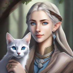 A high-resolution digital art image portrays a tall Half-elf Druid with wavy gray-blond hair and soft blue eyes