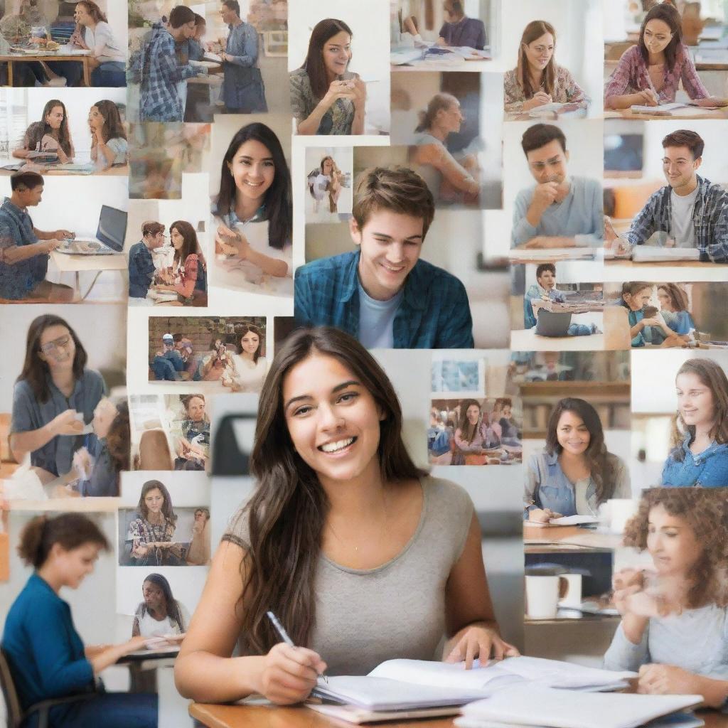 A collage style photo blending different images of a busy student engaged in various activities, including studying, socializing and pursuing hobbies.