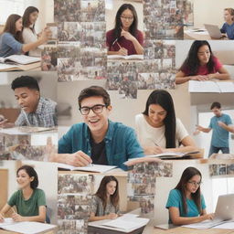 A collage style photo blending different images of a busy student engaged in various activities, including studying, socializing and pursuing hobbies.