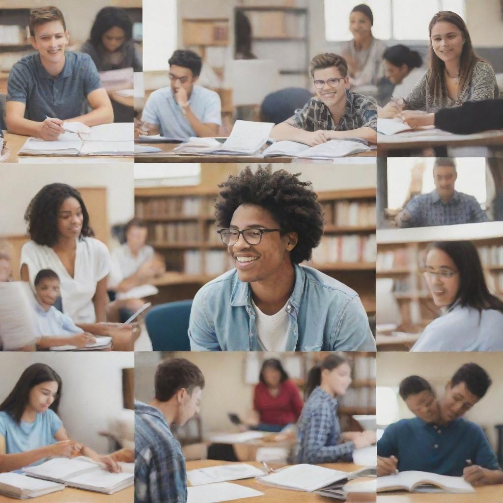 A collage style photo blending different images of a busy student engaged in various activities, including studying, socializing and pursuing hobbies.