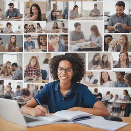 A collage style photo blending different images of a busy student engaged in various activities, including studying, socializing and pursuing hobbies.