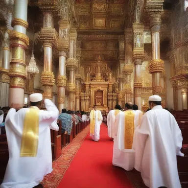 During the religious ceremony, the hustle of worshippers filled the church with energy and enthusiasm.