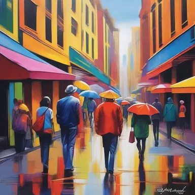 The street artist captured the hustle of city life in his vibrant and bustling painting.