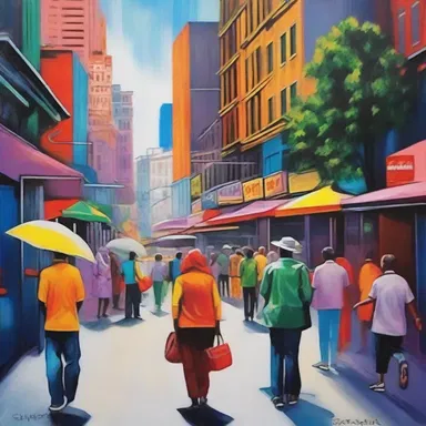 The street artist captured the hustle of city life in his vibrant and bustling painting.