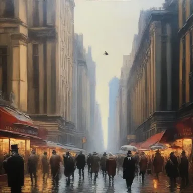 The artist depicted the hustle of a bustling cityscape, portraying the deception and swindle in a visually stunning painting.