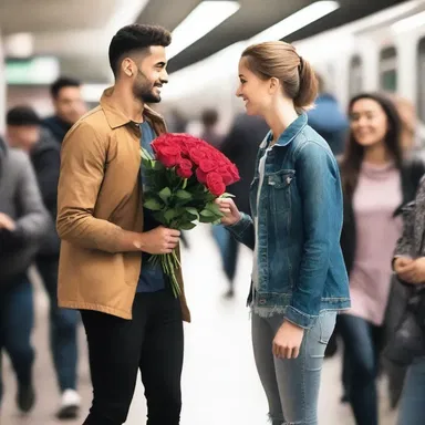 In a crowded train station, he hustles through the crowd to surprise his girlfriend with a bouquet of roses.