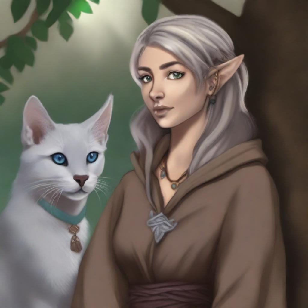 A high-quality digital art piece showcases a tall Half-elf Druid with wavy gray-blond hair and soft blue eyes