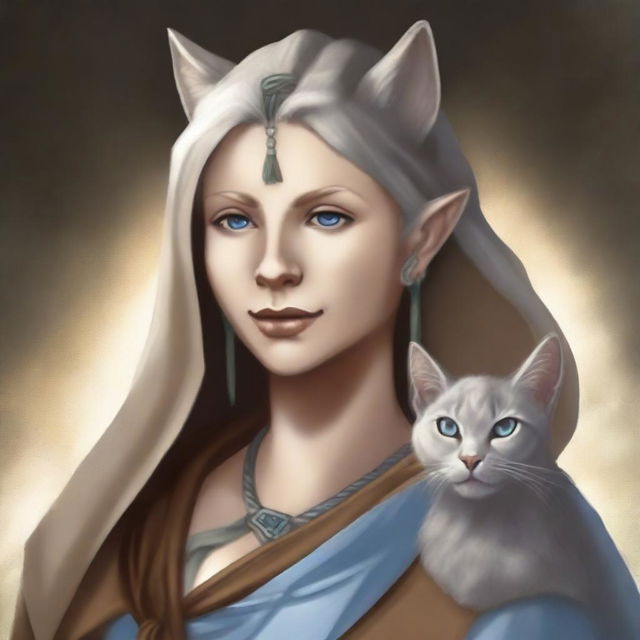 A high-quality digital art piece showcases a tall Half-elf Druid with wavy gray-blond hair and soft blue eyes