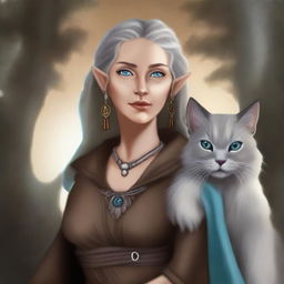 A high-quality digital art piece showcases a tall Half-elf Druid with wavy gray-blond hair and soft blue eyes